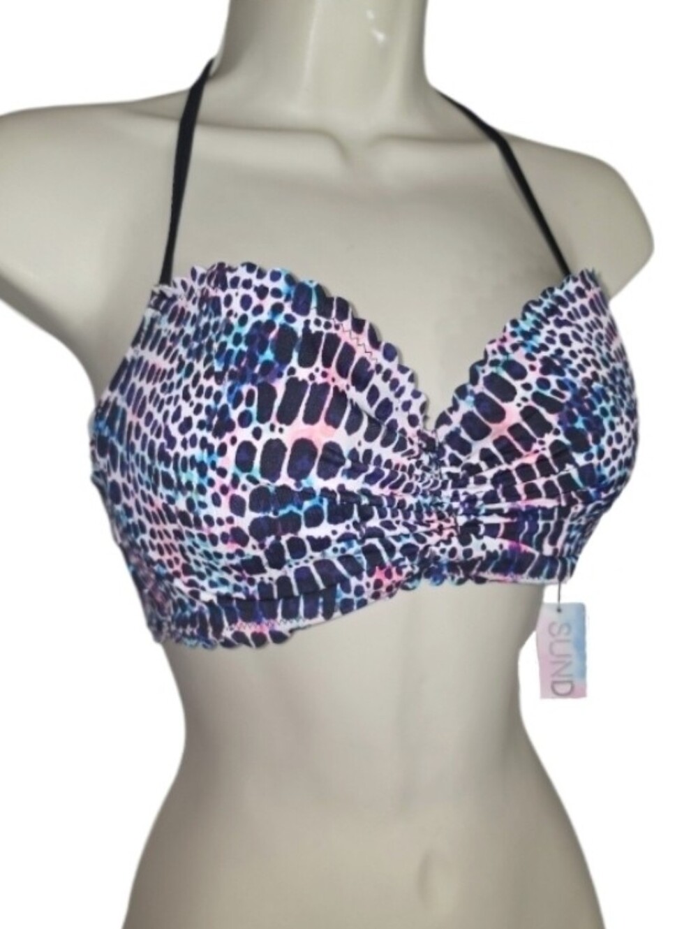 Sundazed Bikini Swim Top Halter Strap Scalloped Ruffled Edge Black Size 34C